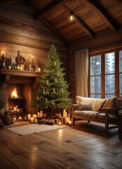 Fir Christmas tree in a cozy cabin with rustic wooden furniture and candles , crackling fire, snug, rustic