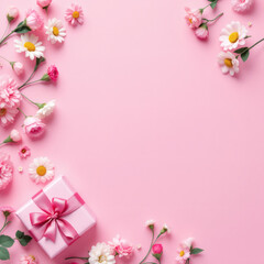 Fototapeta premium Beautifully wrapped present on a pastel candy-colored floral flat lay background. Perfect for Mother's Day, Women's Day, Valentine's Day, or Birthday greeting cards. Ample copy space for text.