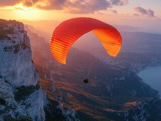 Paragliding at golden hour over cliffs and mountains with beautiful orange parachute