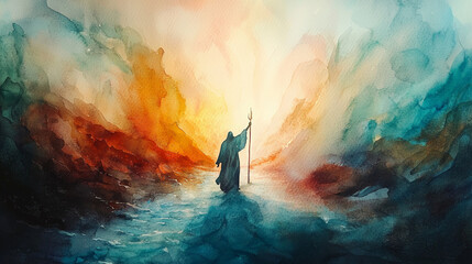 Ethereal watercolor scene of Moses with staff raised in vibrant colors