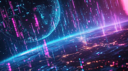 Fototapeta premium A neon cyber-fantasy landscape featuring floating holographic continents, interconnected by glowing energy streams representing digital trade networks. 