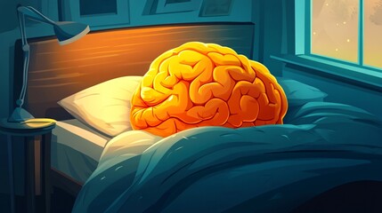 Cute Cartoon Brain Sleeping in Bed Vector Illustration for Relaxation and Sleep Therapy