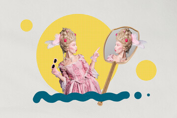 3D collage trend artwork composite sketch poster of vintage young lady look mirror makeup wow face...