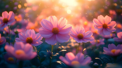 Pink Cosmos Flowers in a Sunset Field