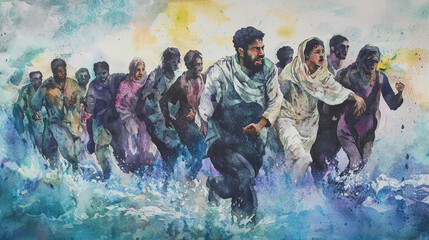 Intense watercolor depiction of Israelites fleeing through water, showcasing emotion and urgency