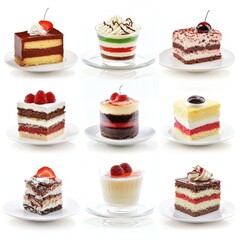 Delicious assorted mini cakes & desserts; studio shot, white background; perfect for menus or food blogs