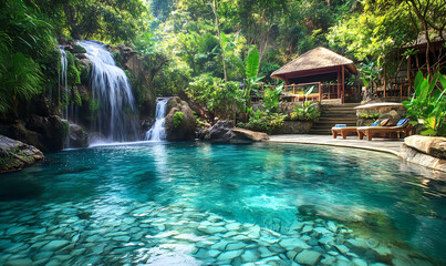 Naklejka premium Private Lagoon Pool with Clear Jade Waters – A Tranquil and Exclusive Pool in a Serene Setting