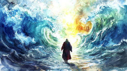Vivid watercolor depiction of Moses parting Red Sea, dramatic waves