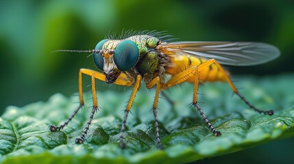 Fototapeta premium Detailed close-up image of a yellow and green insect with large compound eyes sitting on a green leaf