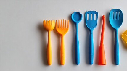 Colorful Plastic Cooking Utensils for Kids on a Light Background Ideal for Playful Kitchen Use and Imaginary Cooking