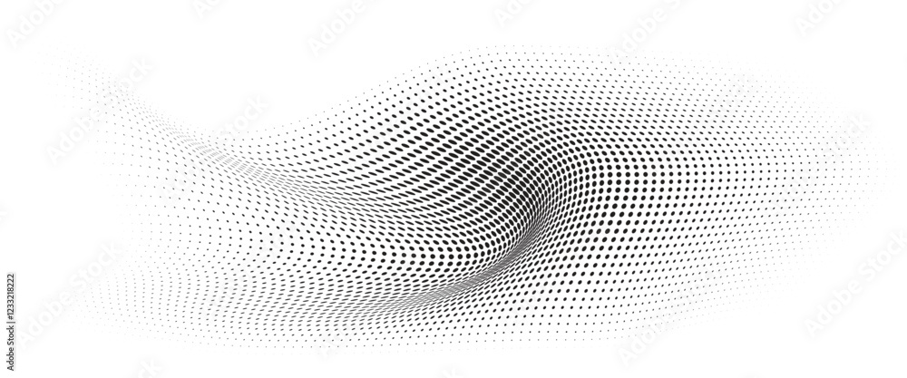 Poster flowing wave dot halftone pattern: curve gradient shape on transparent background. suitable for ai, 