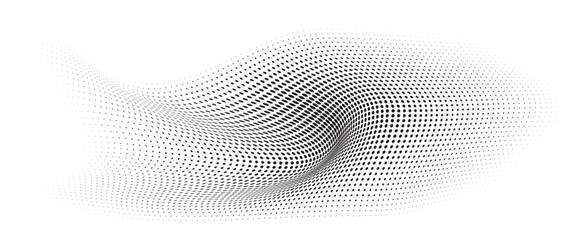 Flowing Wave Dot Halftone Pattern: Curve Gradient Shape on Transparent Background. Suitable for AI, Tech, Network, Digital, Science, and Technology Themes.