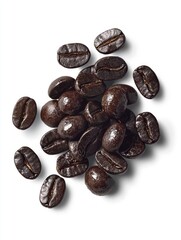 Roasted coffee beans, overhead view, white background, for food packaging