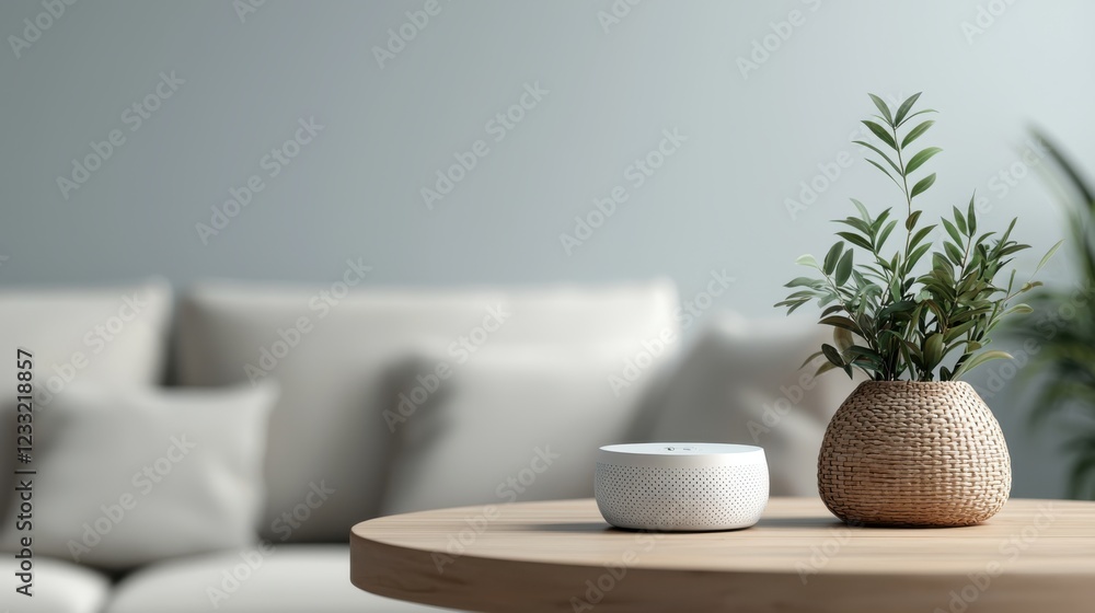 Poster a modern minimalist smart thermostat mounted on a wall with a digital temperature display providing 