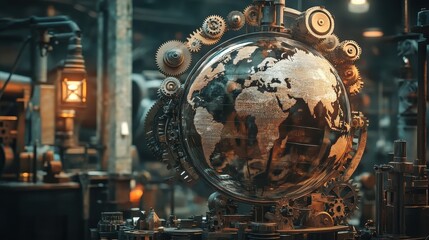 Fototapeta premium A Steampunk-inspired world trade scene, where gears and cogs form a mechanical globe, illustrating industrial-era global commerce reimagined with AI.
