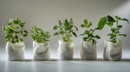 Fototapeta premium Fresh Herb Plants Growing in Fabric Pots on a Minimalist Background for Gardening and Culinary Themes