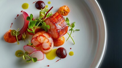 Gourmet Dish Featuring Grilled Seafood with Colorful Garnishes and Vibrant Sauces on a Modern Plate