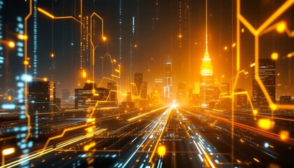 Naklejka premium Futuristic Cityscape: A Glowing Metropolis at Night