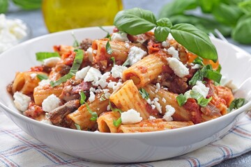 Rigatoni alla Norma pasta with eggplant and tomato, basil and ricotta salata, horizontal closeup