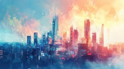 A watercolor-styled digital painting of a futuristic city skyline where global trade is visualized through holographic projections and AI-driven infographics. 