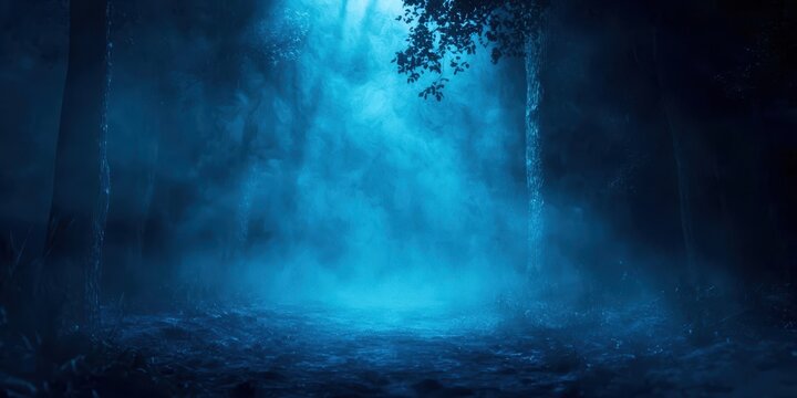 Forest with a blue sky and foggy mist