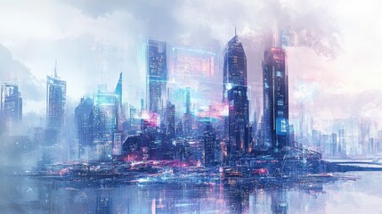 Fototapeta premium A watercolor-styled digital painting of a futuristic city skyline where global trade is visualized through holographic projections and AI-driven infographics. 