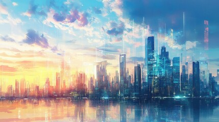 Fototapeta premium A watercolor-styled digital painting of a futuristic city skyline where global trade is visualized through holographic projections and AI-driven infographics. 