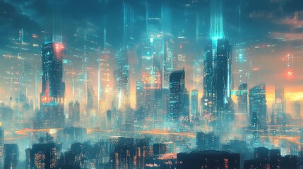 Obraz premium A watercolor-styled digital painting of a futuristic city skyline where global trade is visualized through holographic projections and AI-driven infographics. 