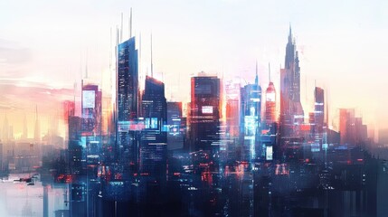 Obraz premium A watercolor-styled digital painting of a futuristic city skyline where global trade is visualized through holographic projections and AI-driven infographics. 