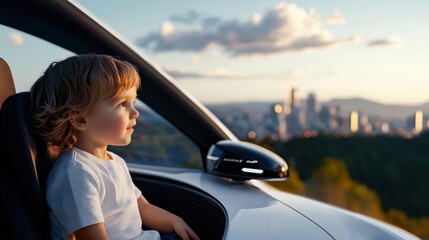 Fototapeta premium A young child at the cityscape from the backseat of an autonomous vehicle as the setting sun casts a warm glow over the urban landscape