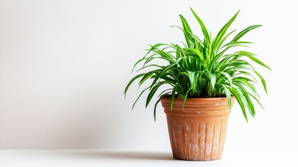 Lush Green Plant with Vibrant Leaves in a Rustic Terracotta Pot on a Minimalist White Background