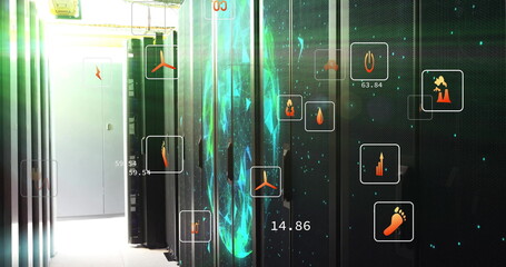 Image of ecology icons over server room
