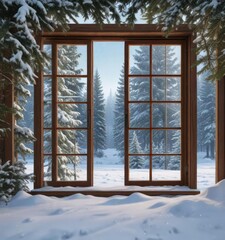 Frosty windowpane with a winter scene of snow-covered evergreen trees and twinkling lights, winter bokeh, snow-covered trees, festive atmosphere