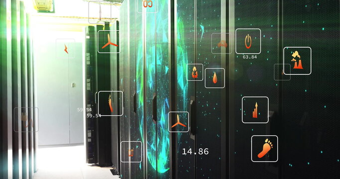 Image of ecology icons over server room