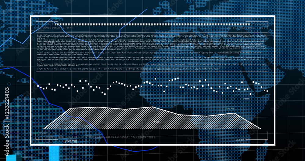 Poster financial data and analytics image over digital map of world