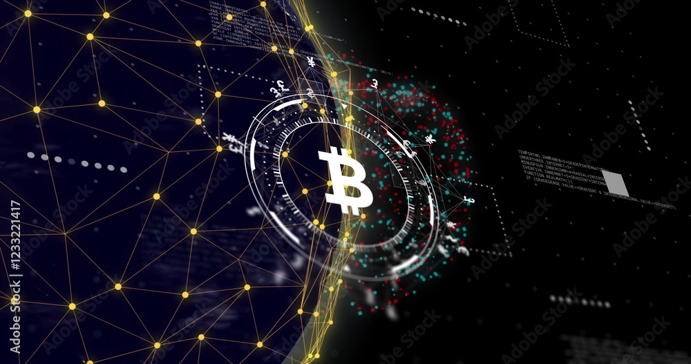 Poster bitcoin symbol with digital network and data processing image over globe