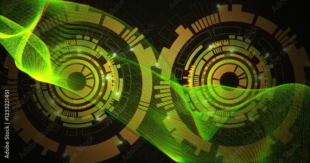 Poster image of connections and data processing over cogs spinning on black background