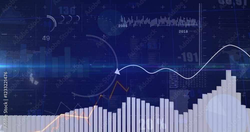 Poster financial data charts and graphs image over blue background with various metrics