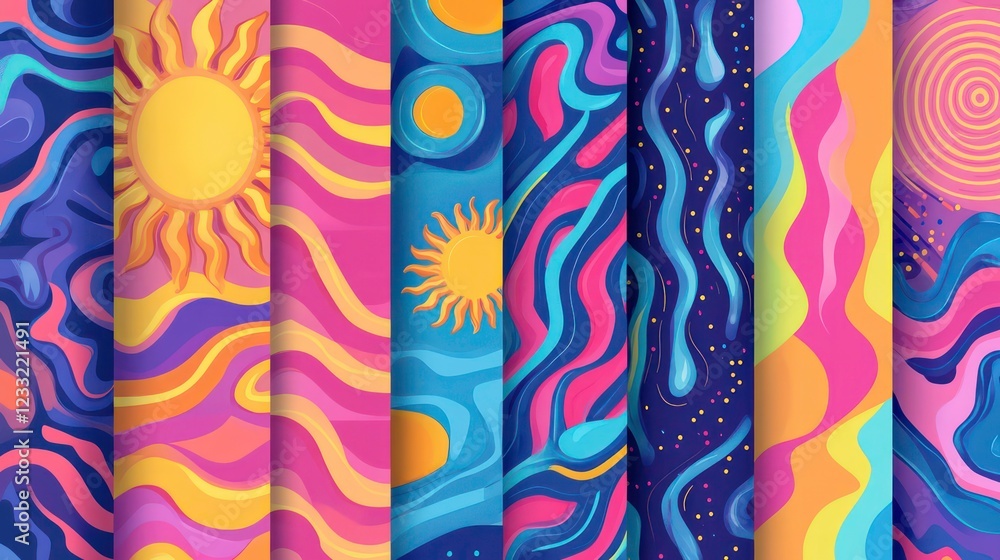 Poster groovy cartoon psychedelic patterns set. artistic retro abstract wavy stripes and irregular figures,