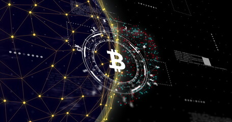 Bitcoin symbol with digital network and data processing image over globe