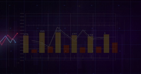 Bar and line charts with fluctuating data points, financial analysis image