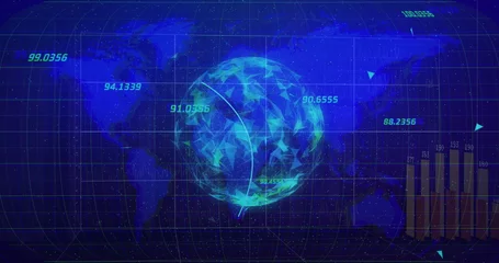 Digital globe with data points and bar graphs, financial data processing image