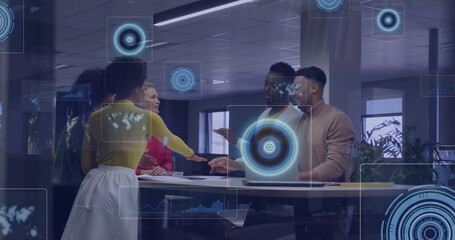 Business meeting with diverse team over digital interface with data processing images