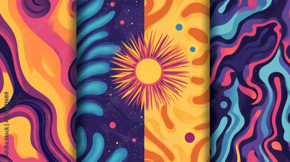 Poster groovy cartoon psychedelic patterns set. artistic retro abstract wavy stripes and irregular figures,