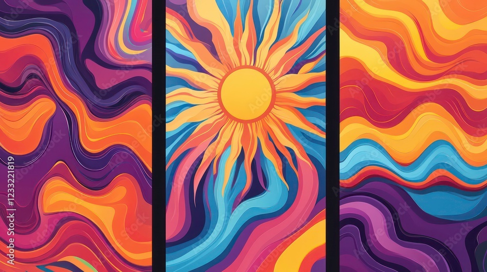 Poster groovy cartoon psychedelic patterns set. artistic retro abstract wavy stripes and irregular figures,