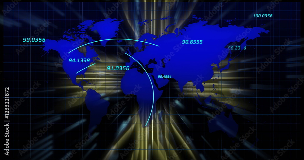 Poster global data transfer image over world map with numerical coordinates