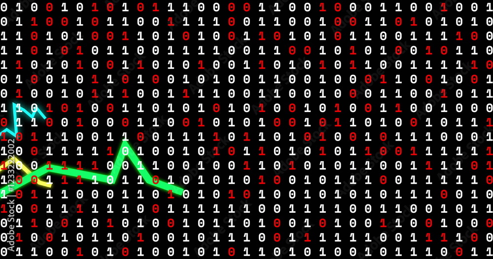 Poster binary code with fluctuating graph image over black background