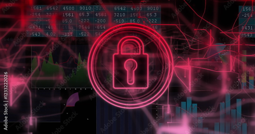 Aufkleber lock icon and security image over financial data and charts