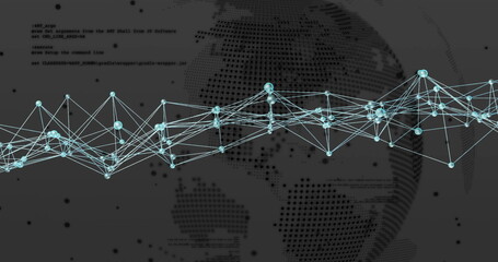Network of connections and data processing image over world map