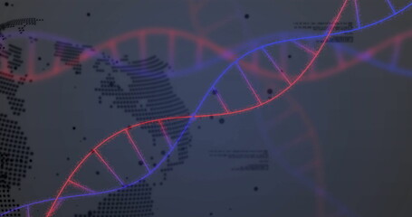 DNA strand and binary coding image over world map and data processing